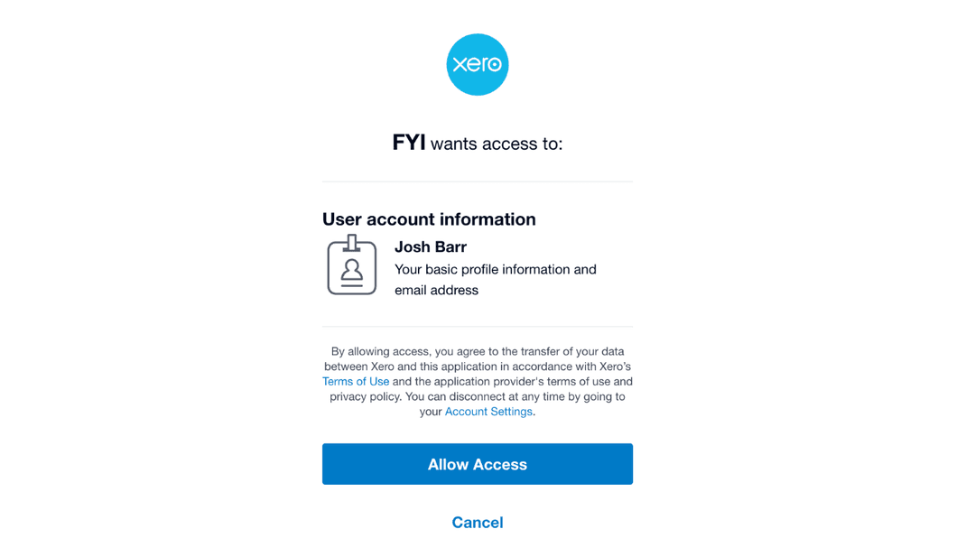An image of an OAuth2 informed consent screen, with user information visibile